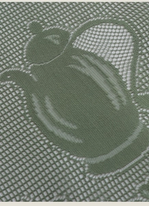 Detail of sage green lace curtain fabric with knitted teapot pattern and square mesh