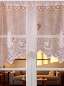 Detail of lace cafe curtain featuring teapot and flower patterns with scalloped edges
