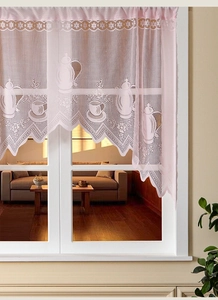 Detail of pink French lace cafe curtain featuring teapot patterns and scalloped edges