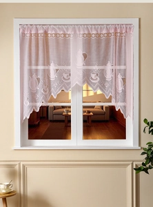 Detailed view of pink lace cafe curtain with teapot jacquard and scalloped lace edge