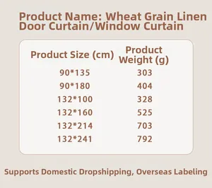Size chart table showing dimensions and weight for linen door curtains in various sizes