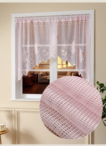 Close-up of pink lace cafe curtain with coffee cup patterns and mesh texture fabric