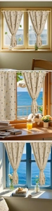 Detail of embroidered floral patterns and tassel fringe on linen-blend cafe curtains