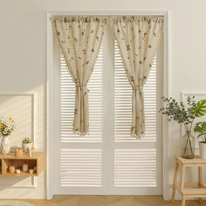 Beige cotton linen cafe curtain with blue floral prints and tassel trim for windows
