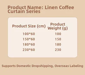 Size guide for linen cafe curtains showing weights from 100x60cm to 230x60cm for home decor