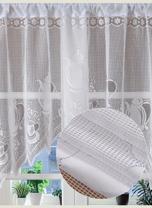 Detailed texture of white lace curtain with woven teapot patterns and scalloped edges
