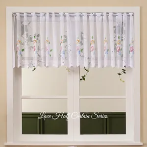 White Lace Cafe Curtain Floral Embroidery Scalloped Edge Half Window Curtains For Kitchen Bedroom Rod Pocket Pastoral Style