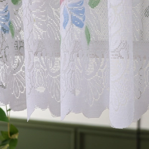 Floral lace cafe curtain with colorful flower embroidery and scalloped wave hem