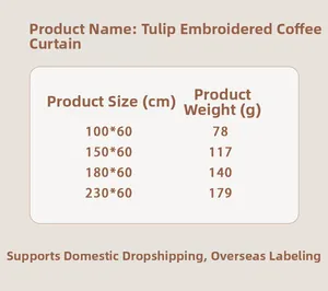Size chart for tulip embroidered cafe curtains showing dimensions and fabric weight details