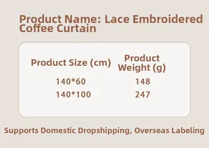 Size chart for lace embroidery coffee curtains showing 140x60cm and 140x100cm dimensions