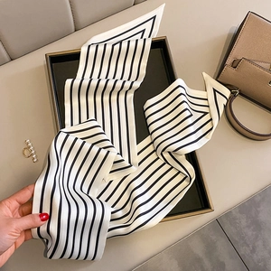 Minimalist black and white striped skinny silk scarf for hair, neck and bag decoration