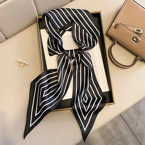 Satin striped skinny scarf for women used as a stylish hair tie or bag accessory decor