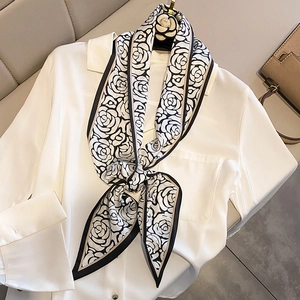 Sciarpa Lunga Sottile Fiore Camelia Raso Sintetica Satin Cravatta Nastro Manico Borsa Stile Francese Elegante