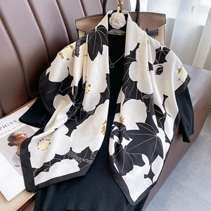 Elegant black and white floral silk scarf with maple leaf pattern for women's fashion