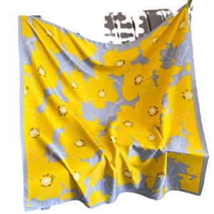 Elegant 90cm square silk scarf with yellow floral pattern and grey leaf accents