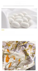 Detailed view of mulberry silk scarf with floral patterns and natural silk cocoons