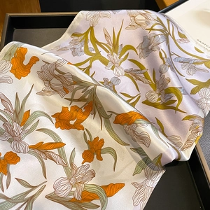 Elegant silk scarf with iris flower print in ivory and purple with a premium gift box