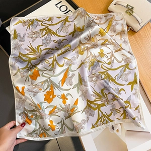 Elegant mulberry silk square scarf with yellow iris floral print and satin finish
