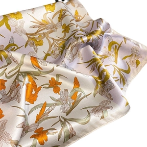 Elegant silk scarf with iris floral print and glossy finish for women in purple and white