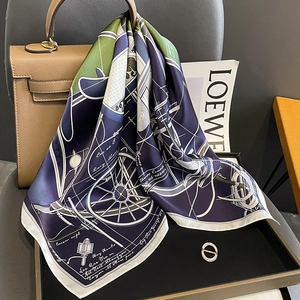 Elegant Mulberry Satin Square Scarf For Women Vintage Carriage Print French Chic Style Hair Neck Kerchief Smooth Lightweight