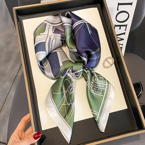 Elegant silk square scarf with geometric patterns and French text for women