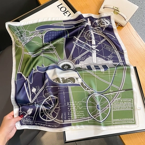 Silk square scarf featuring vintage carriage print in dark green and navy blue colors