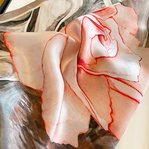 Elegant mulberry silk square scarf featuring pink and white rose floral print and silky texture