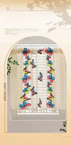 Detailed butterfly embroidery and white tassel trim on beige lace cafe curtains