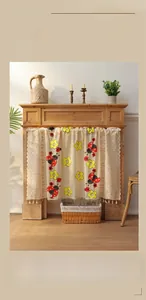 Detailed embroidered lace cafe curtain with ladybug patterns and soft fringe trim