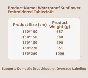 Size chart showing sunflower waterproof embroidered tablecloth weights and dimensions