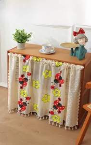 Detailed embroidered coffee curtain featuring ladybugs and yellow flowers with fringe