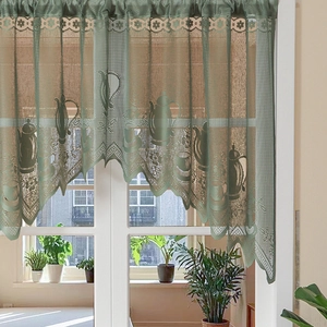 French Style Lace Cafe Curtains Teapot Floral Jacquard Hollow Out Short Curtains Rod Pocket Scalloped Half Curtains For Kitchen Bedroom