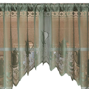 French lace cafe curtain in grass green featuring teapot patterns and scalloped edges