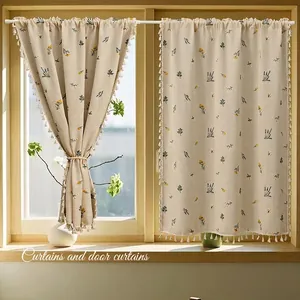 Embroidery Floral Door Curtain Tassel Trim Polyester Cotton Linen Look Cabinet Shade Small Window Curtain For Home Decor