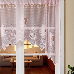 Pink lace cafe curtain with hollow floral coffee pot patterns and scalloped edges