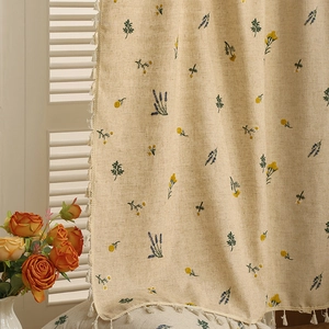 Minimalist beige linen door curtain with botanical embroidery and tassel trim decoration