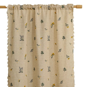 Beige cotton linen door curtain with lavender embroidery and white tassel edges