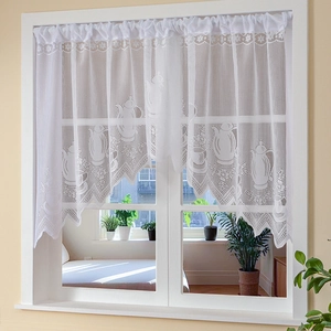 French Style Lace Coffee Curtain Teapot Pattern White Pink Green Sheer Half Curtain For Kitchen Bedroom Cafe Home Decor