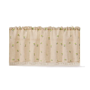 Tenda da caffè in lino con ricamo a ciliegia verde e nappe decorative per finestre