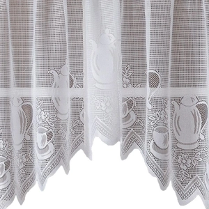 White French lace cafe curtain featuring teapot jacquard and scalloped wave edges
