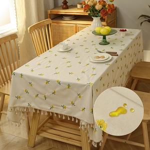 Rectangular Tablecloth Polyester Cotton Embroidered Sunflower Floral Waterproof Oil-Proof With Tassels For Dining Table
