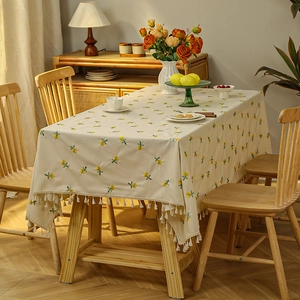 Rectangle cream tablecloth with yellow flower embroidery and white tassel fringe edge