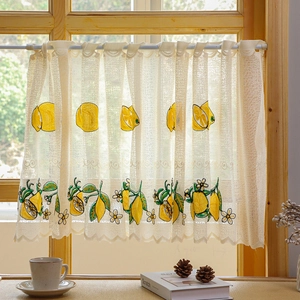 Semi-sheer white cafe curtain with lemon embroidery and elegant scalloped edges