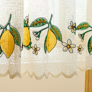 Sheer coffee curtain with lemon embroidery and elegant scalloped lace edges