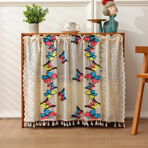 Rideau de café en dentelle avec broderie papillon colorée et glands de décoration