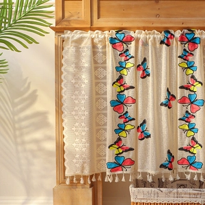 Rideau brise-bise en dentelle avec broderie papillon et franges pour la chambre