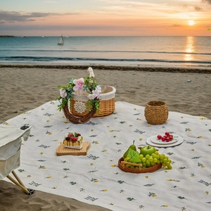 Outdoor Picnic Mat Blanket Linen Polyester Blend Embroidered Floral Pattern Pastoral Style Portable Waterproof Beach Lawn