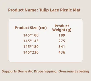 Detailed size chart for lace picnic mat showing dimensions 145x100cm to 145x230cm and weights