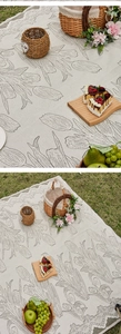 Detail of tulip pattern picnic mat with lace edges on green grass with picnic basket