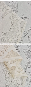 Close-up of off-white lace picnic mat with intricate floral embroidery and hemmed edges